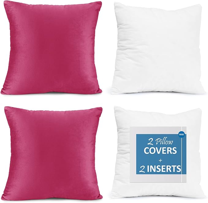 Throw Pillow Inserts Pack of 2 with Velvet Soft Solid Decorative Square Throw Pillow Covers Set for Sofa Couch Car Bedroom, 26X26 Throw Pillows Inserts with 24x24 Washable Cushion Covers, Hot Pink
