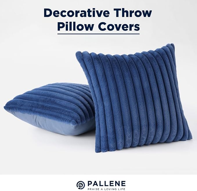 Pallene Faux Fur Decorative Throw Pillow Covers 22x22 Set of 2, Navy Blue | Luxury Plush Texture, Striped Design, Cozy Soft Touch, Modern Home Accent Decor for Couch, Sofa, Bed, Living Room