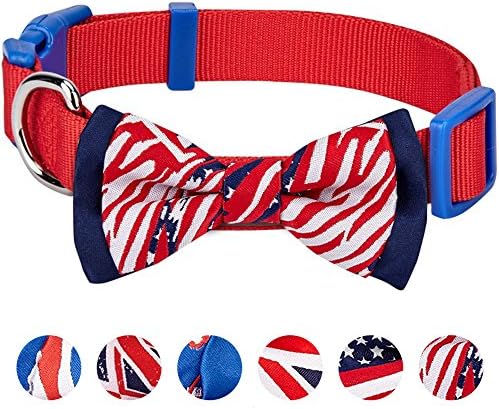 Blueberry Pet 2 Patterns Patriotic Spirits American Flag USA Adjustable Bowtie Red Dog Collar - Handmade Bow Tie w/Jacquard Weave Fabric, Small, Neck 12"-16"