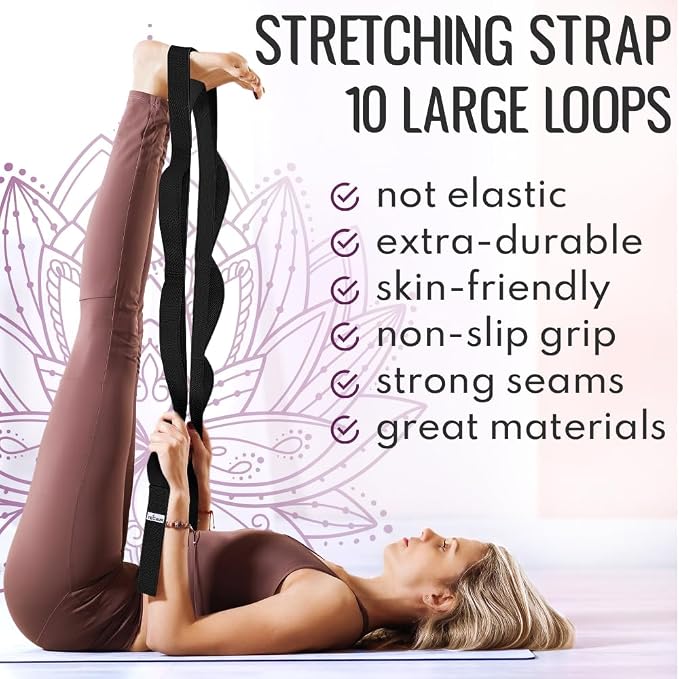 TECEUM Stretching Strap with 10 Loops for Physical Therapy & Rehab | Non-Elastic Yoga Stretch Band for Hamstring, Leg, Hip & Knee Rehab, Pilates, Flexibility & Mobility Exercises for Men & Women