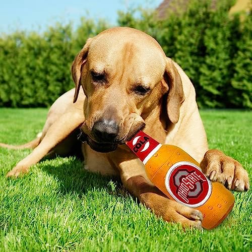 NCAA OHIO STATE BUCKEYES BEER BOTTLE PLUSH DOG & CAT SQUEAK TOY - Cutest STADIUM SODA BOTTLE SNACK Plush Toy for DOGS & CATS with INNER SQUEAKER & Beautiful Football/Basketball Team Name/Logo