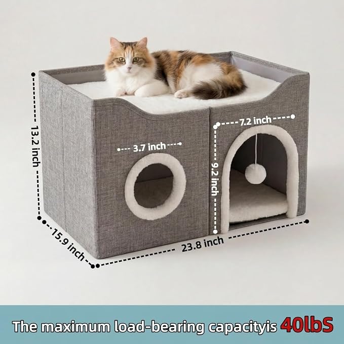 Eolahalcy Cat Beds for Indoor Cats - Large Cat Cave for Pet Cat House with Fluffy Ball Hanging and Scratch Pad, Foldable Cat Houses for Large Indoor Cats,Cat Hideaway, 23.8x15.9x13.2 inches, Grey