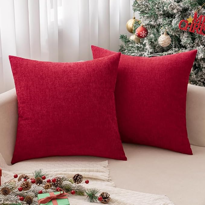 MIULEE Soft Chenille Throw Pillow Covers Red 18x18 Inch Pack of 2 | Modern Home Decor, Classic Decorative Pillows, Solid Dyed Cases, Boho Couch Cushion Covers for Sofa Bed Living Room