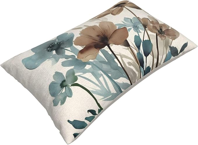 Spring Floral Pillow Covers 12x20 Inches Set of 2 Blue Brown Floral Throw Pillow Covers Outdoor Rustic Summer Flower Decor Pillowcase Farmhouse Decorative Lumbar Cushion Cover for Sofa Couch