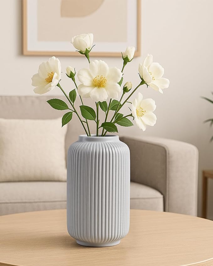 White Ceramic Vase, 8 Inch Modern Flower Vase for Bouquet and Pampas Grass, Matte Frosted Large Opening Decorative Vase for Farmhouse Table, Shelf Decor