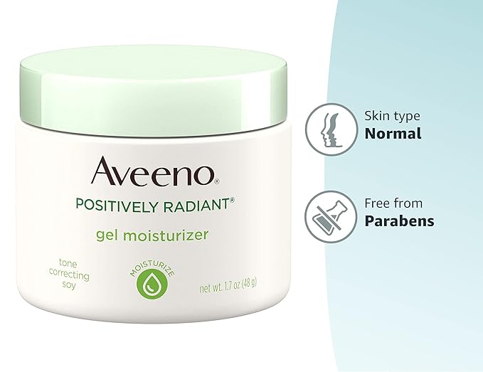 Aveeno Positively Radiant Daily Gel Facial Moisturizer with Hyaluronic Acid & Tone-Correcting Soy,Hydrating & Brightening Gel Face Cream Evens Skin Tone-& Texture,Hypoallergenic,1.7 oz,(Pack of 2)