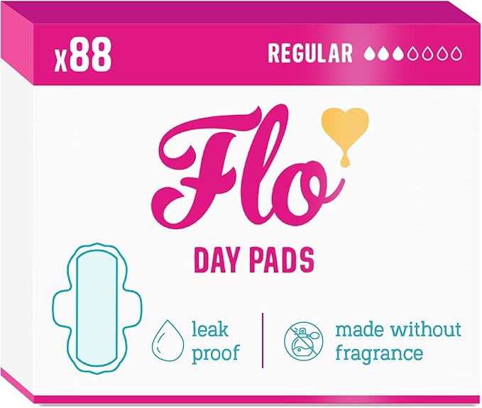 Flo - Day Menstrual Pads (88 Pack) - Organic Bamboo Period Pads for Women - Regular Flow - Leak Locking - Winged, Ultra-Thin - Absorbent, Soft & Breathable - Plant Based – Vegan, Cruelty Free
