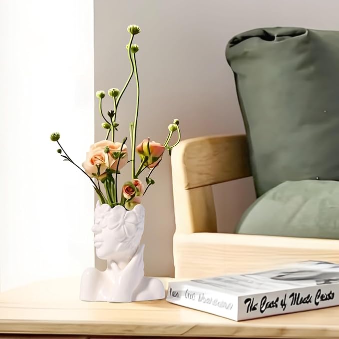 Ceramic Face Vase White Flower Vase for Decor, Female Face Vase Art, Modern Decorative Vase Centerpiece for Table, Shelf, Living Room, Office, Bedroom, Small