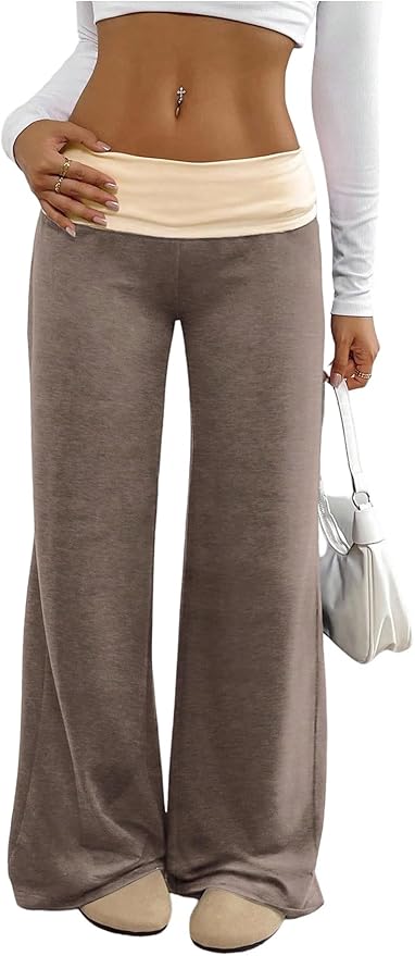 SOLY HUX Women's Sweatpants Color Block Low Rise Fold Over Waist Baggy Wide Leg Pants