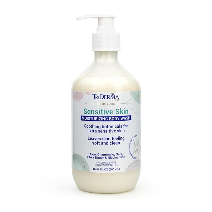 TriDerma Moisturizing Sensitive Skin Body Wash, Premium Botanicals, Aloe Vera, Chamomile, Oat, Shea Butter, Niacinamide, Creamy Body Cleanser, Paraben Free, 16.9 fl oz