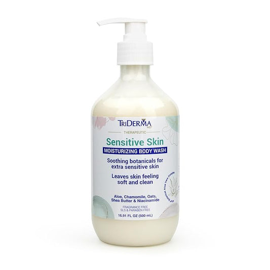 TriDerma Moisturizing Sensitive Skin Body Wash, Premium Botanicals, Aloe Vera, Chamomile, Oat, Shea Butter, Niacinamide, Creamy Body Cleanser, Paraben Free, 16.9 fl oz