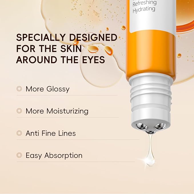 AKARY Vitamin C Eye Cream & Under Eye Serum, Refreshing, Hydrating, Radiant Glow Skin Roller Serum with 360° Massage Ball, Tightening for Women Reduce Wrinkles Fine Lines