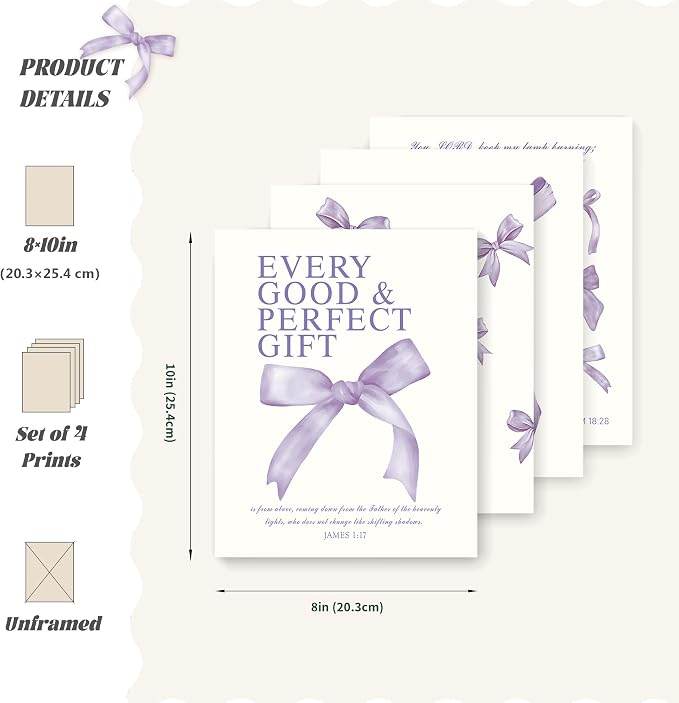 LARTSFRO Coquette Purple Bow Christian Wall Art Decor Posters, Purple Bow Room Bedroom Bathroom Dorm Wall Art Decor Aesthetic for College Teen Girls Gifts, Inspirational Bible Verses Bow Wall Decor, 10x8 Inch Set of 4 Pcs Bow Pictures (UNFRAMED)