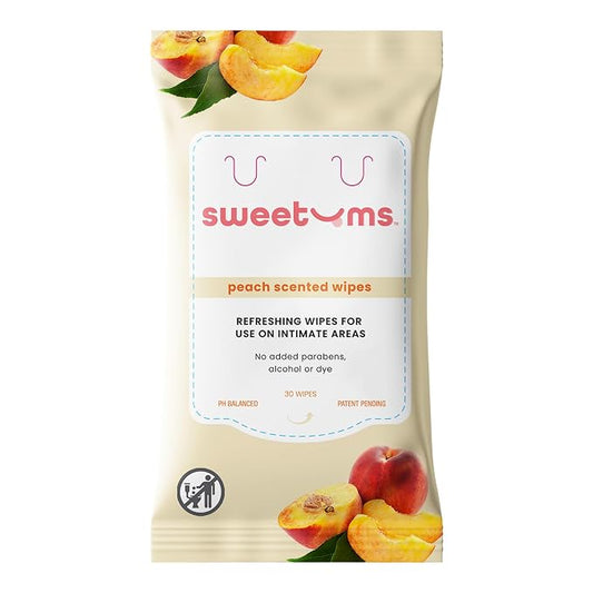 Sweetums Peach Scented Daily Feminine Wipes for Women – pH Balanced Unflavored Intimate Wipes – Water-Based, Aloe-Infused, Gentle on Sensitive Skin – Vegan, No Alcohol or Dyes, Travel-Friendly - 30ct
