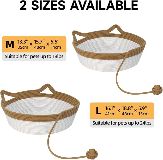 Cat Bed, Cotton Rope Instinct Basket for Cats, Handwoven Cat Beds | Stimuli Handwoven Basket for Cat, Pet Sleeping Bed with Rope Ball, Puppies, Rabbits and Small Pets (Large, Brown & Beige)