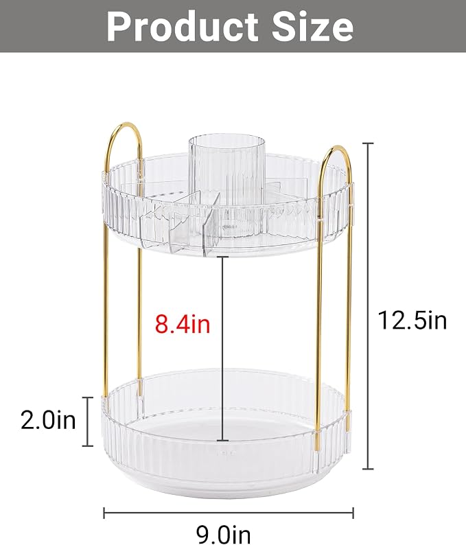 Asayuee 360 Rotating Makeup Organizer,2 Tier Large Capacity Make Up Organizers and Storage,Skincare Perfume Vanity Organizers,Bathroom Cosmetics Storage Organizer Countertop(Clear)