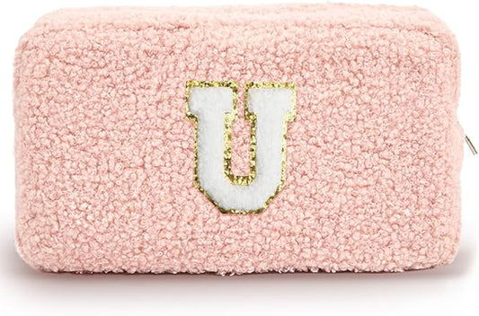 Cute Makeup Bag, Initial Cosmetic Bag, Fuzzy Makeup Bags for Women, Preppy Pink Makeup Pouch with Chenille Letter, Personalized Gifts for Women, Pink U