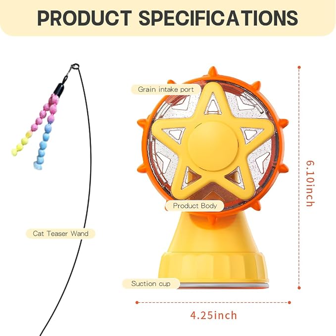 2-in-1 Interactive Cat Toy, Rotating Treat Dispenser with Strong Suction Cup & Teaser Wand, Adjustable Slow Feeder Puzzle Toy for Cats, Boredom Relief & Mental Stimulation Fits Kibble ,Treats (Yellow)