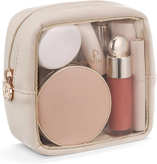 Pocmimut Clear Makeup Bag,Easy to Find Mini Makeup Bag for Purse,Travel Makeup Bag for Car, Compact Cosmetic Pouch for Daily Essentials,Beige