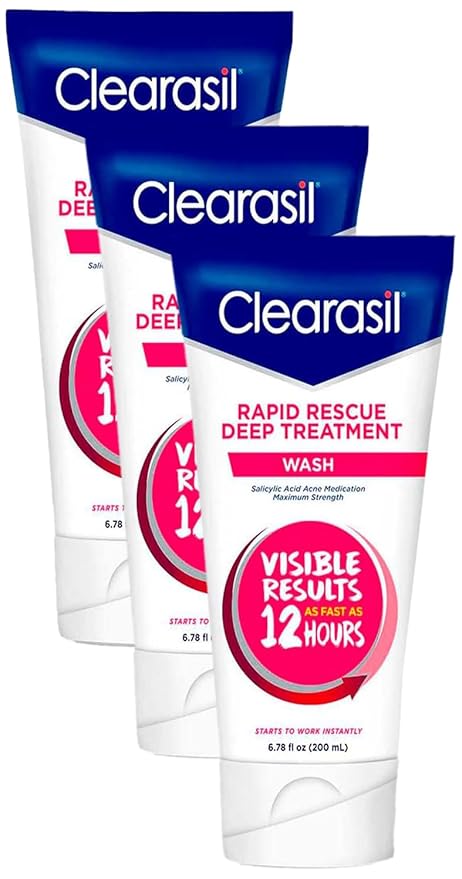 Clearasil Rapid Rescue Deep Treatment Acne FaceWash, Maximum Strength with 2% Salicylic Acid Acne Medication, AcneFacial Cleanser, 6.78 fl oz (Pack of 3)