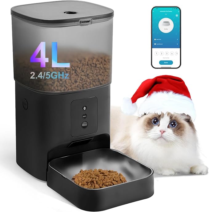2.4G/5G Automatic Cat Feeder, 4L WiFi Food Dispenser with 10s Voice Recorder, Pet Feeder up to 10 Meals per Day, Timed Cat Feeder with Dry Food Sealed Ring