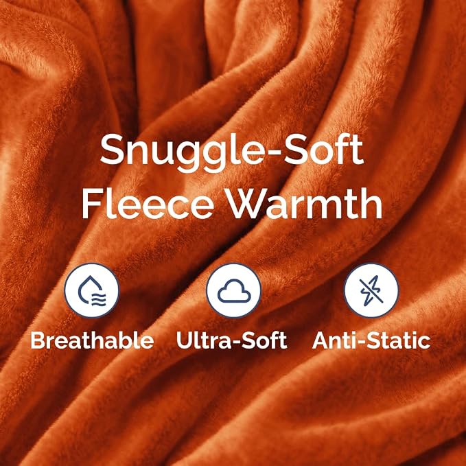Fleece Blanket Full Size - Ultra-Soft Flannel Fleece Blanket - Burnt Orange | Soft, Warm, Outdoor Picnic Blanket for Camping, Travel, Lightweight, Cozy, Anti-Static, Home Decor Gifts for Men & Women