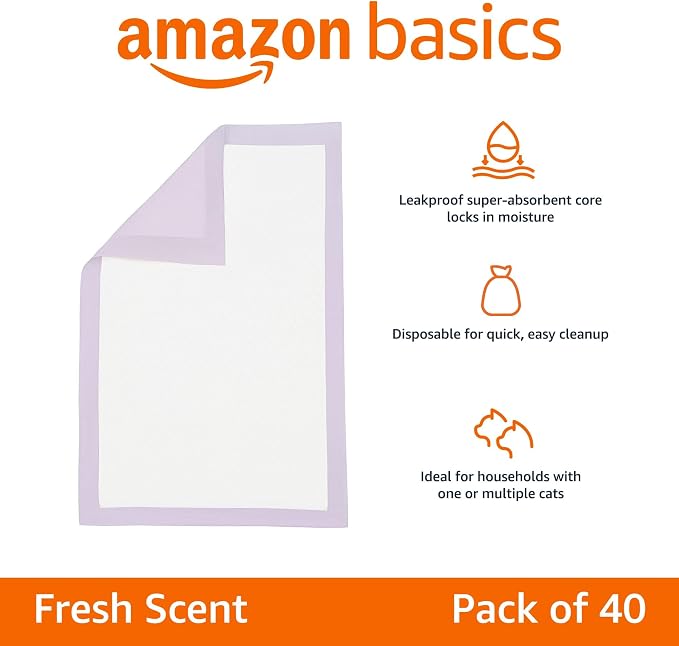 Amazon Basics Cat Litter Pee Pads, Odor Control with Fresh Scent, Super Absorbent, Disposable, Universal Fit Litter Box, Purple and White, 40 Count