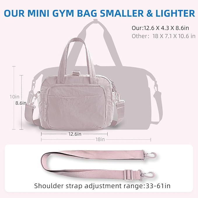 mini gym bag for women, travel duffel bag with wet pockets and Shoe Compartment,Lightweight carry on weekender duffel, water resistant,for sports,yoga,dance,pink