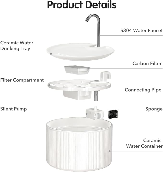 Upgrade 2.2L/78oz Ceramic Cat Fountain, Automatic Ceramic Water Fountain for Cats, Pet Water Fountain with Ultra-Quiet Pump (White)