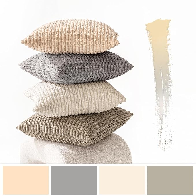 MIULEE Pack of 4 Corduroy Throw Pillow Covers 18x18 Inch Beige and Brown | Neutral Rustic Farmhouse Boho Soft Striped Pillow Covers,Home Decor for Sofa,Living Room,Couch,Bed