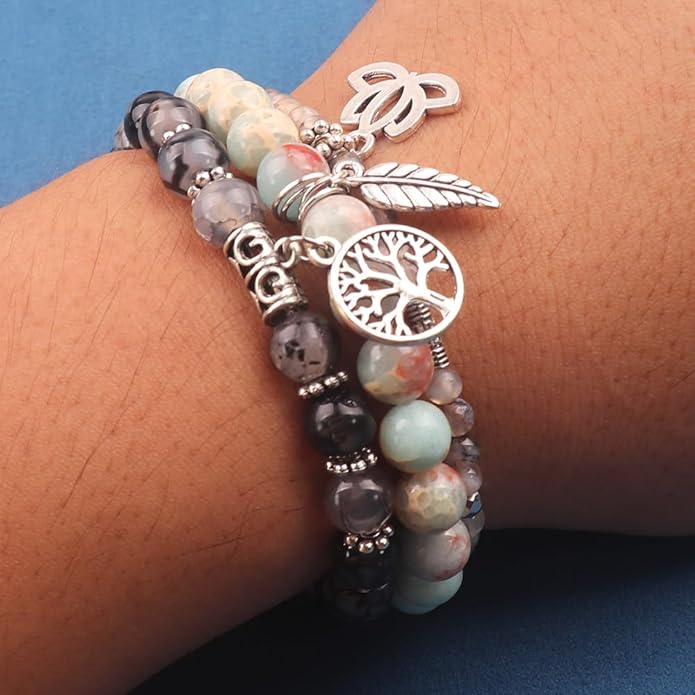 UEUC Tree of Life Yoga Healing Stone Bracelets,Multilayer Lotus Chakra Stone Reiki Bracelet Sets,Anxiety Crystal Natural Stone,for Women Stress Relief