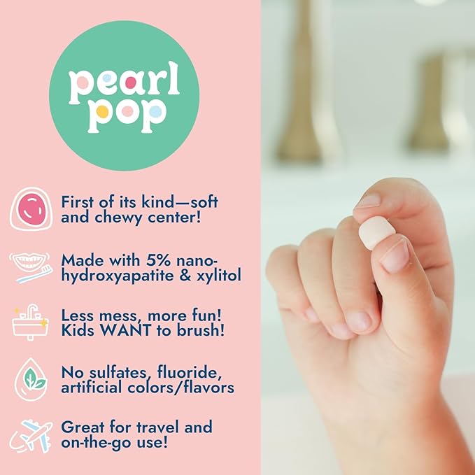 Pearl Pop Toothpaste Pearls, Chewy Fluoride Free Toothpaste for Kids, Stocking Stuffer, Made with Nano Hydroxyapatite & Xylitol, Foam Free, Mess-Free Travel Tooth Paste, Mint Kiss, 65ct