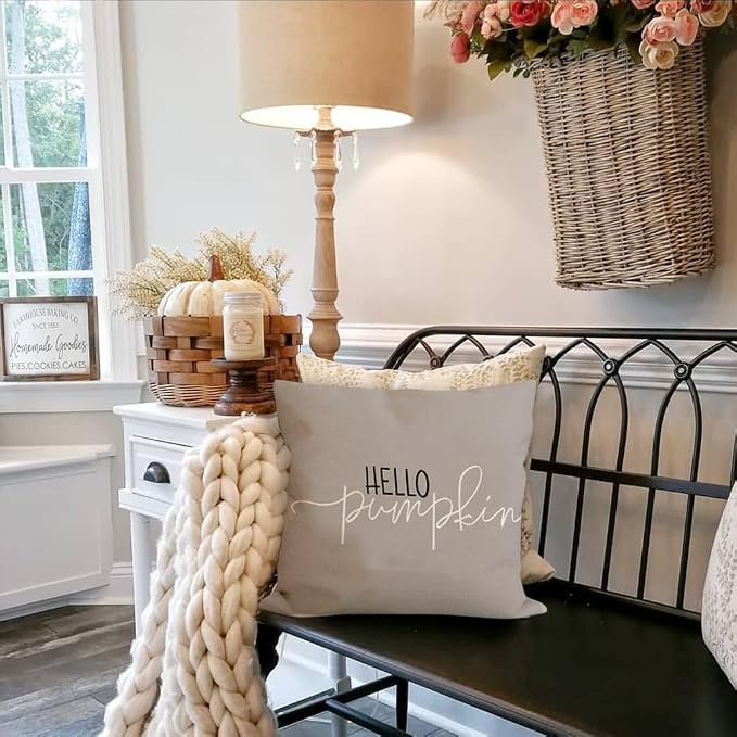 RABUSOFA Fall Pillow Covers 18x18 Inch,Autumn Hello Pumpkin Pillows Decorative Throw Pillows,Outdoor Thanksgiving Cushion Cover Farmhosue Fall Decor for Bedroom Couch Sofa Gray