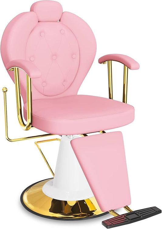 Baasha Pink Reclining Salon Chair for Hair Stylist, All-Purpose Hydraulic Barber Chair, 360° Swivel Design, Adjustable Headrest, Heavy-Duty Base, 440 lbs Capacity
