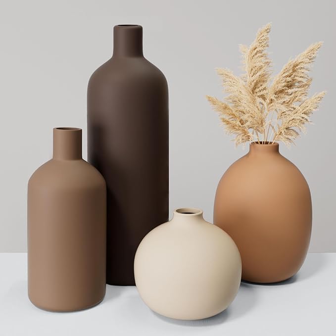 Ceramic Vase Set of 4, Decorative Neutral Modern Flower Vases for Home Decor, Living Room, Shelf Decor, Bookshelf, Kitchen, Centerpiece, Table, Bedroom, Office, Farmhouse