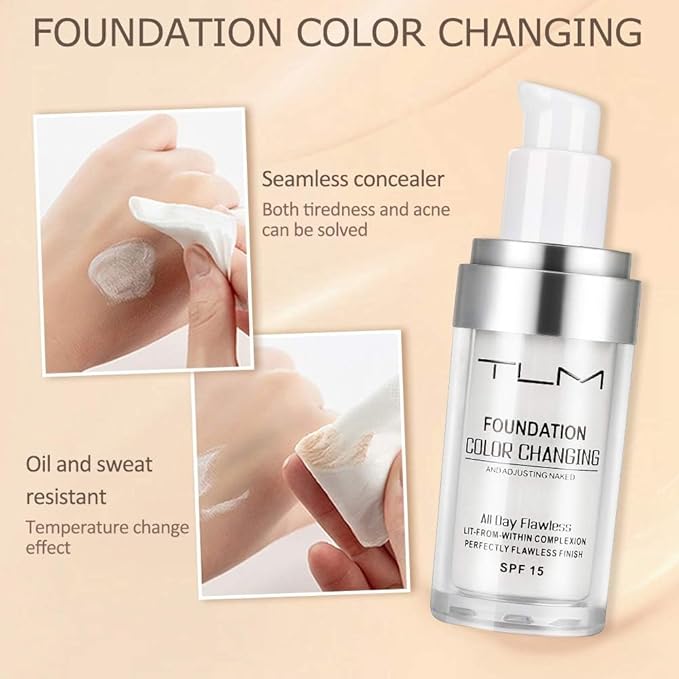 New TLM Flawless Colour Changing Warm Skin Tone Foundation, Naturally Blends Moisturizing foundation makeup, Long Lasting Waterproof Lightweight Liquid Foundation SPF 15 for Face Makeup