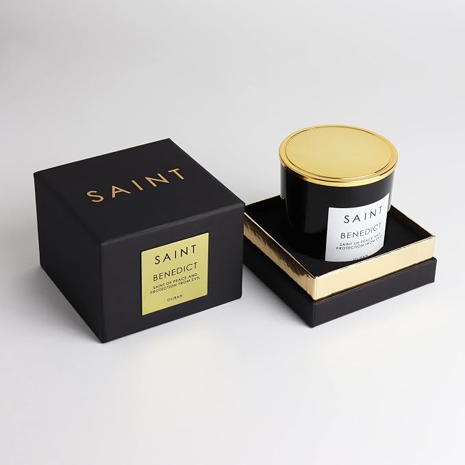 SAINT Benedict Scented Candle with Prayer and Prayer Coin | Saint of Peace and Protection from Evil, Soy Coconut Aromatherapy Candle with 50 Hour Burn Time