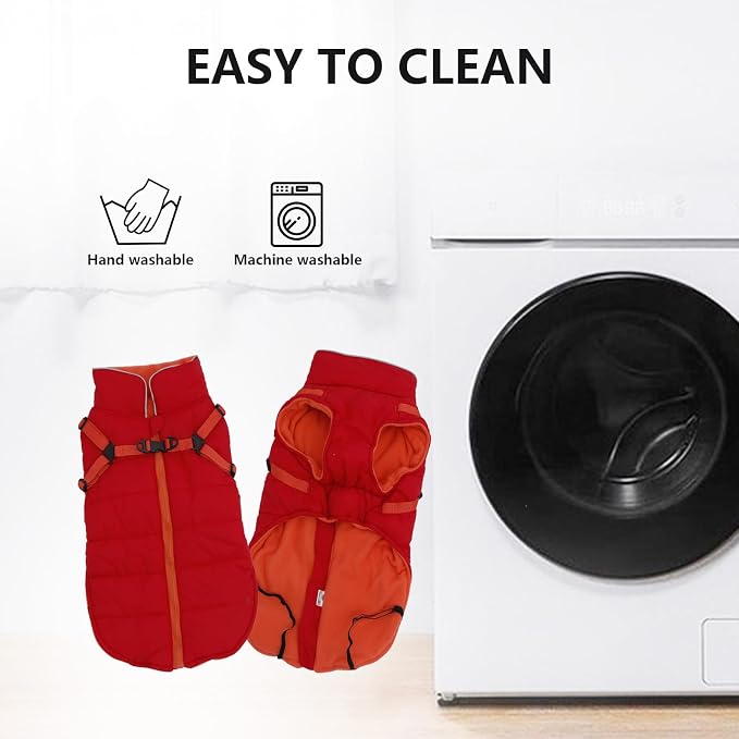 Geyecete Winter Warm Coat Waterproof Dog Winter Jacket with Harness Traction Belt,Windproof Pet Outdoor Jacket Dog Autumn-Red-L