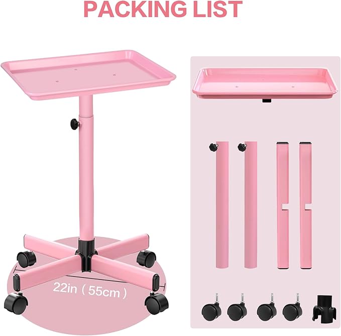 Salon Tray,Height Adjustable Tray on Wheels Hair Color Tray with Wheels Pink