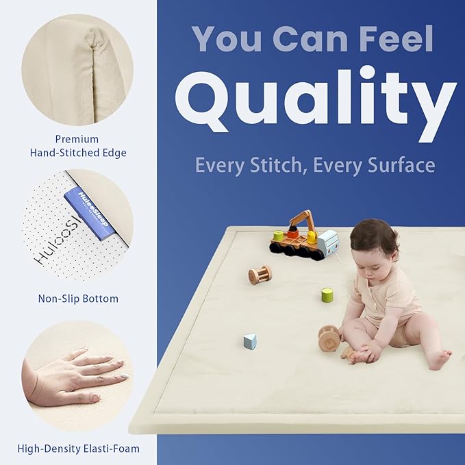 Baby Play Mat for Floor,1.3" Thick Elasti-Foam 50x50 Playpen Mat for Toddlers Infant Kids,Water-Repellent Soft Coral Velvet for Tummy Time,Non-Slip Backing for Crawling,Tatami Style(Cream)