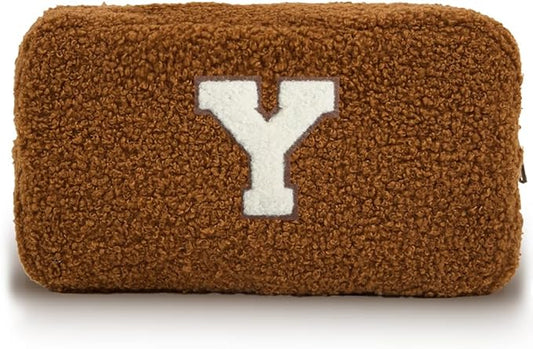Cute Makeup Bag, Initial Cosmetic Bag, Fuzzy Makeup Bags for Women, Brown Makeup Pouch with Chenille Letter, Monogrammed Gifts for Women, Brown Y