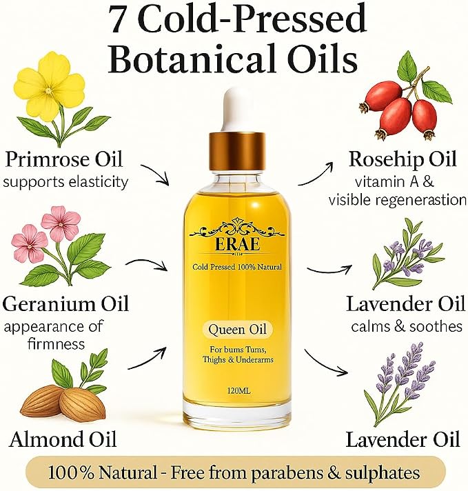 Erae Queen Oil – Cold-Pressed Natural Botanical Firming Oil for Face & Body – Hydrates Tightens & Restores Elasticity for Crepey, Aging & Menopausal Skin on Arms, Tummy & Thighs, 4 fl oz (1PCS)