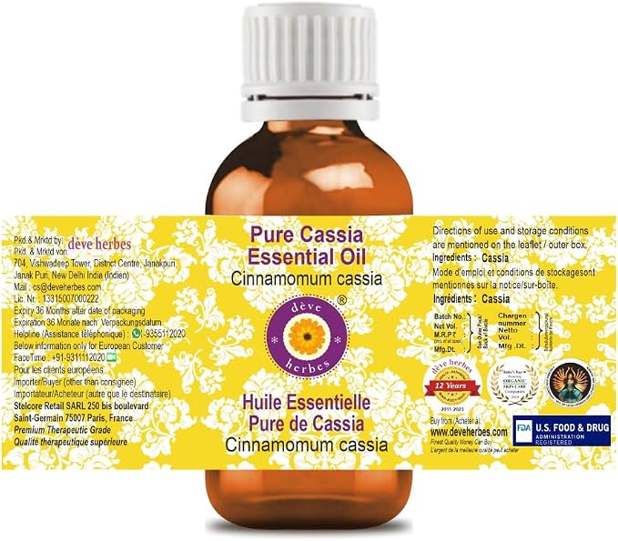 Deve Herbes Pure Cassia Essential Oil (Cinnamomum Cassia) Steam Distilled (Pack of Two) 100ml X 2 (6.76 oz)