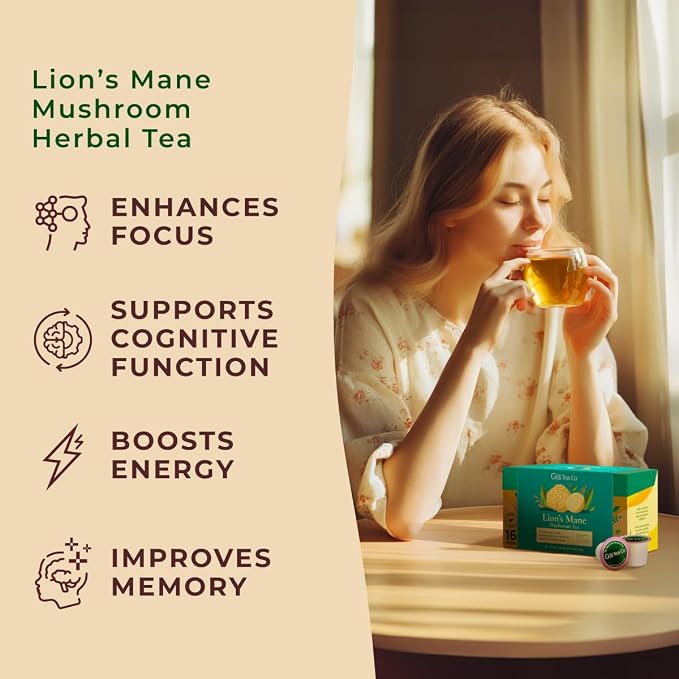 Gya Tea Co Lion's Mane Mushroom Tea Gift Set (16 Count) - Decaf Tea Pod for Lovers Get Well Gifts - Manually Harvested - Enjoy Hot or Iced