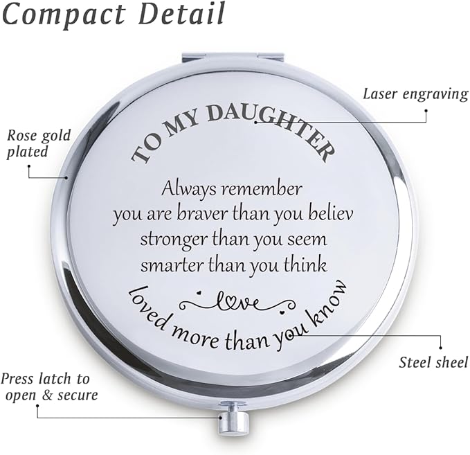 Daughter Gifts from Mom Dad, Personalized Gift for Daughter, Custom Compact Mirror, Goodie Bag & Basket Stuffers for Valentines Day, Mothers Day, Graduation, Birthday, Wedding