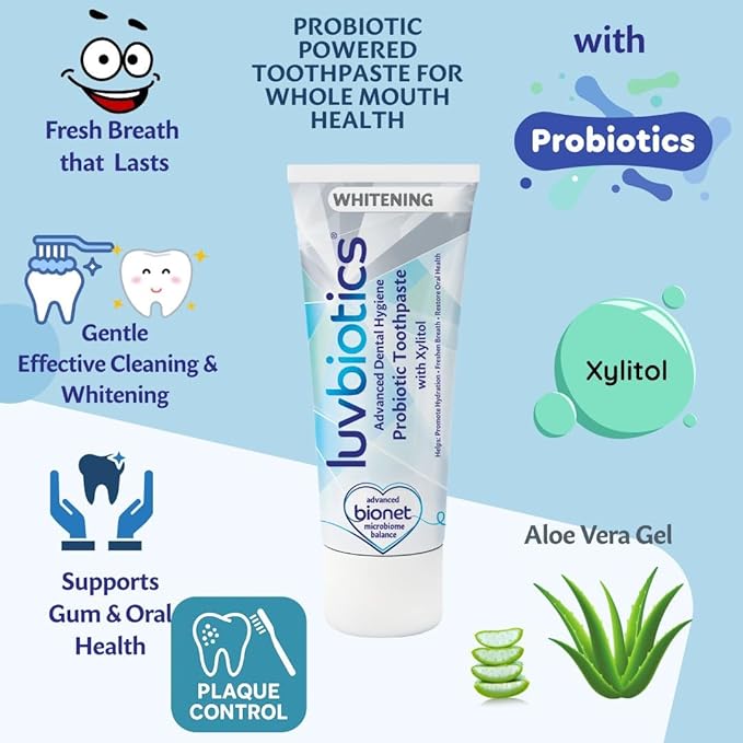 Luv Biotics Probiotic Whitening Toothpaste with Xylitol & Aloe Vera Fresh Breath, Cavity Protection, Microbiome Support & Healthy Gums – No Sulphates or Parabens-75ml