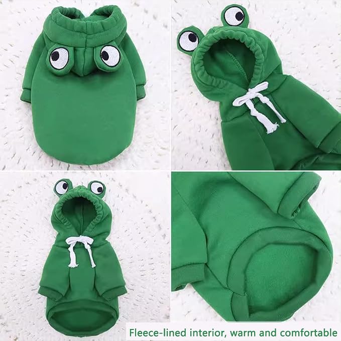 Fleece Lined Warm Dog Hoodie Green Frog Design Costume Pet Sweatshirt, XXL | Autumn Winter Spring Summer Cute Design Pet Clothing For 2-25 lbs Dog Cat French Bulldog Chihuahua Pug Poodle Dachshund