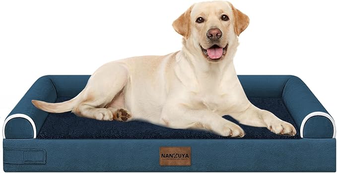 Orthopedic Dog Bed for Large Dogs, 38 x 25 Inch, Navy Blue | Egg crate foam for joint support, 3-sided bolster pet sofa, waterproof lining, washable cover, and non-skid base