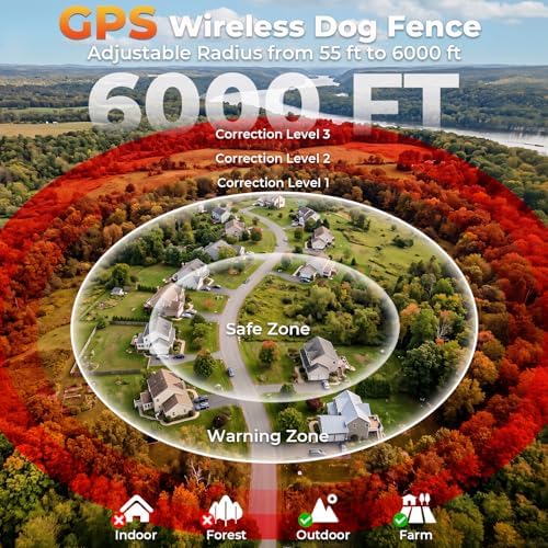 GPS Wireless Dog Fence System, Waterproof Rechargeable Electric Dog Fence Collar with 4-Zone Progressive Correction, 3 Modes & 55-6000ft Adjustable Range for Medium Large Dogs