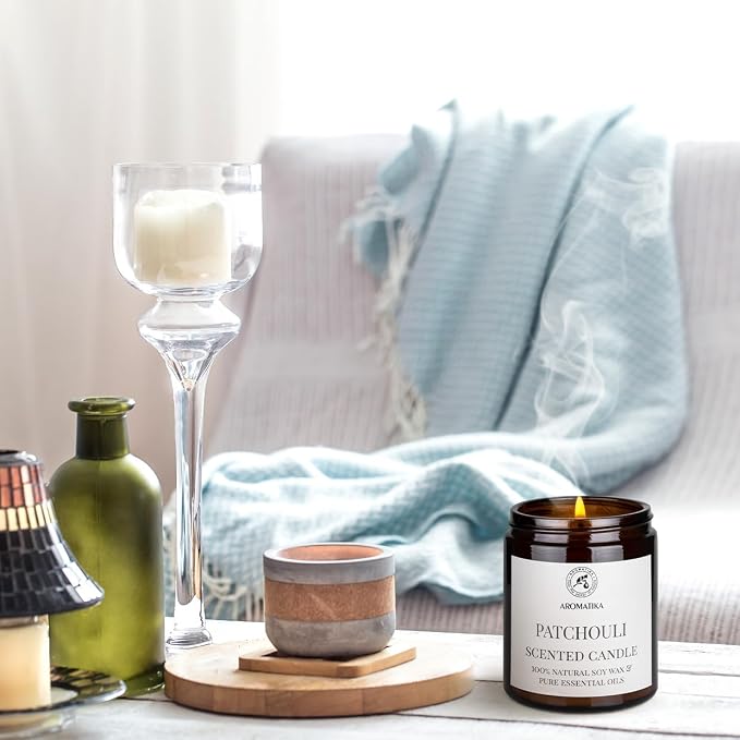 Scented Candle Patchouli - Soy Wax Candles with Essential Oil - Aromatherapy Candle - Soywax 150g - Up to 45 Hours Burn Time - Home Scented Candles - Glass Candle Gift